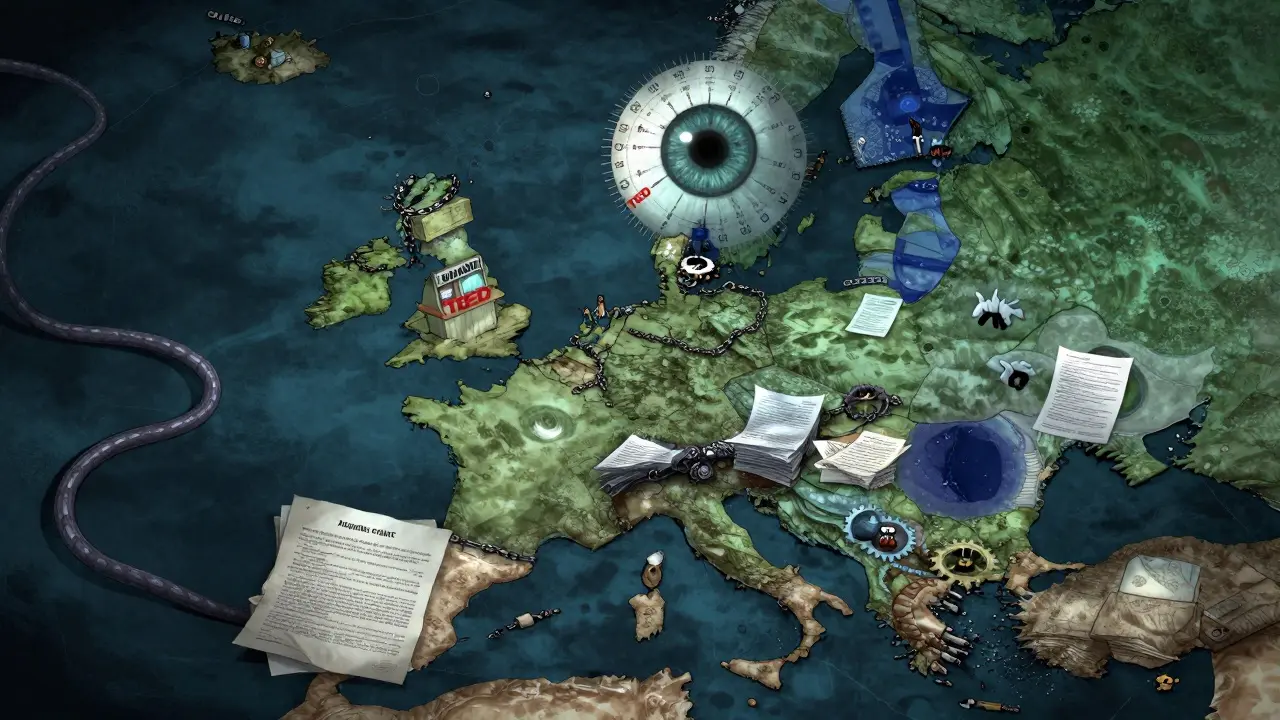 A serpentine contract binds European nations as a small supplier is chained to paperwork, while an AI devours bids.