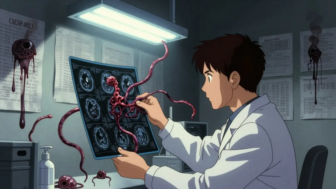 A technician watches a CT scan transform into writhing cancerous tendrils in a dim lab.