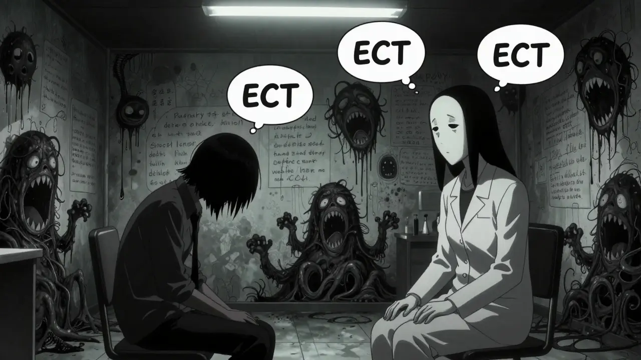 A therapy session with a faceless therapist and twisted thought bubbles bleeding into the walls.