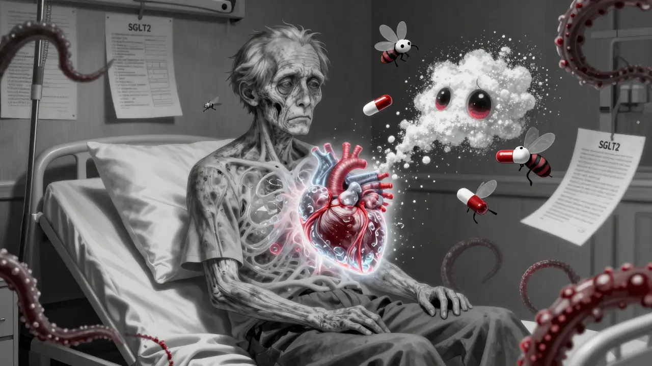 A translucent man’s heart pumping ketones, surrounded by floating pills that turn into weeping eyes, in Junji Ito’s eerie aesthetic.