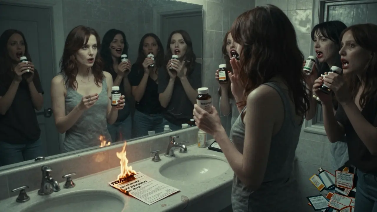 A woman's mirror reflection shows dangerous supplements as living horrors, while an FDA warning burns nearby.