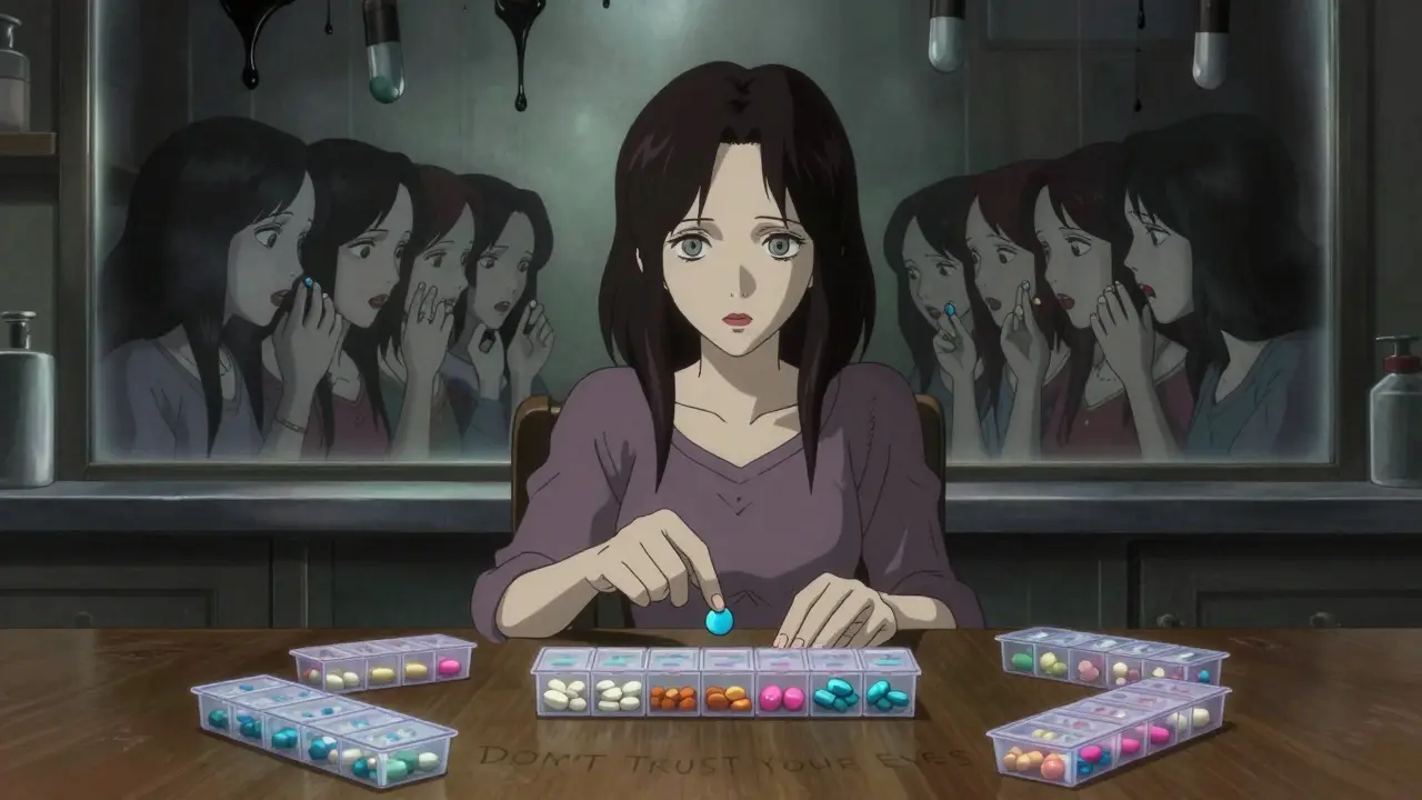 A woman hesitates over mismatched pills in organized compartments, with haunting reflections of identical figures whispering behind her in a darkened kitchen.