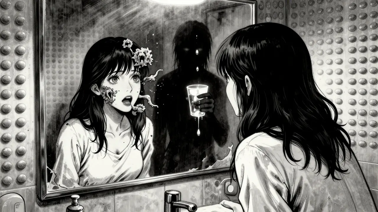 A woman’s reflection reveals fungal mouths on her genitals, with a shadowy figure holding a glowing urine cup, in Junji Ito horror style.