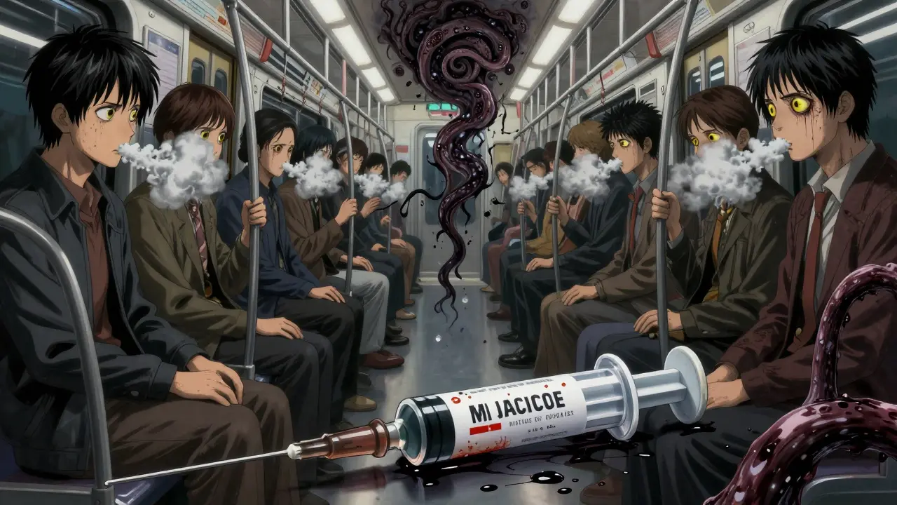Crowded subway with infected passengers exhaling viral clouds, discarded vaccine syringe with ink tentacles.