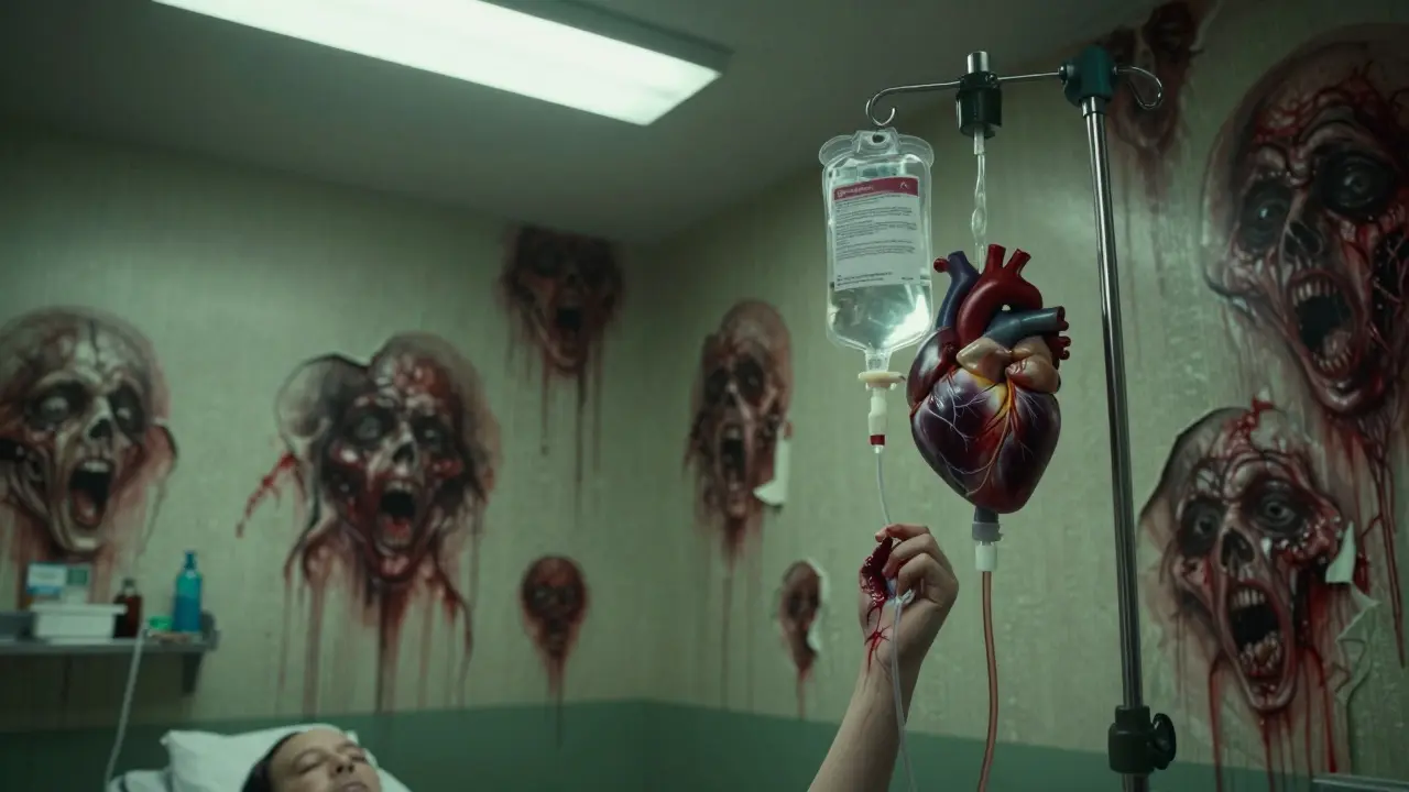 IVIG infusion with pulsating heart-shaped bag, arm merging into tubing