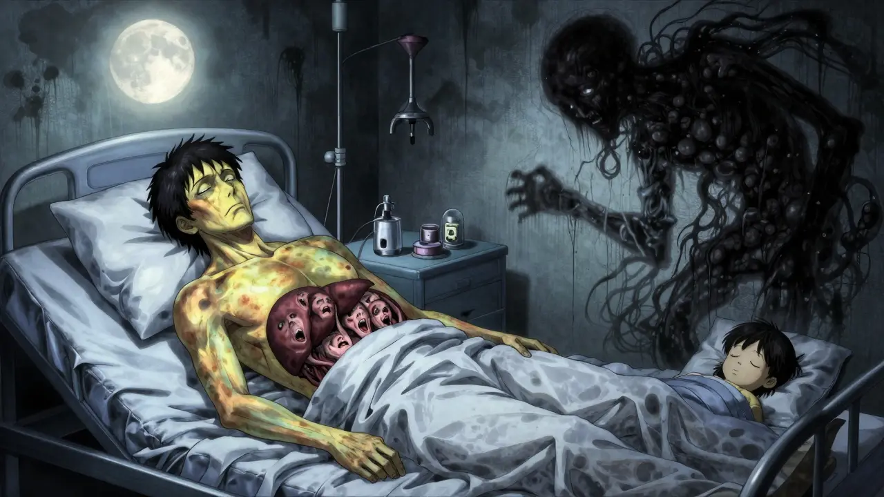 Jaundiced patient in hospital with translucent liver filled with screaming faces, child sleeping nearby.