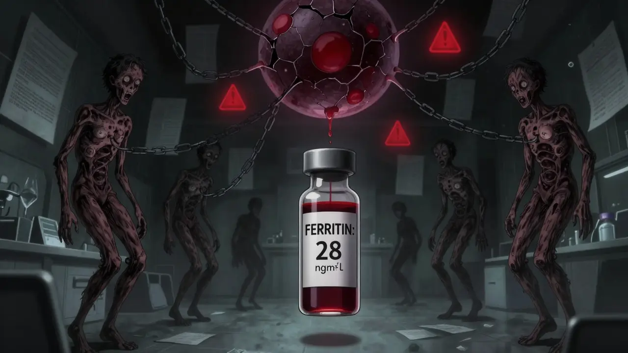 A blood vial labeled 'FERRITIN: 28 ng/mL' floats amid distorted figures with twitching legs, connected by fraying iron chains.