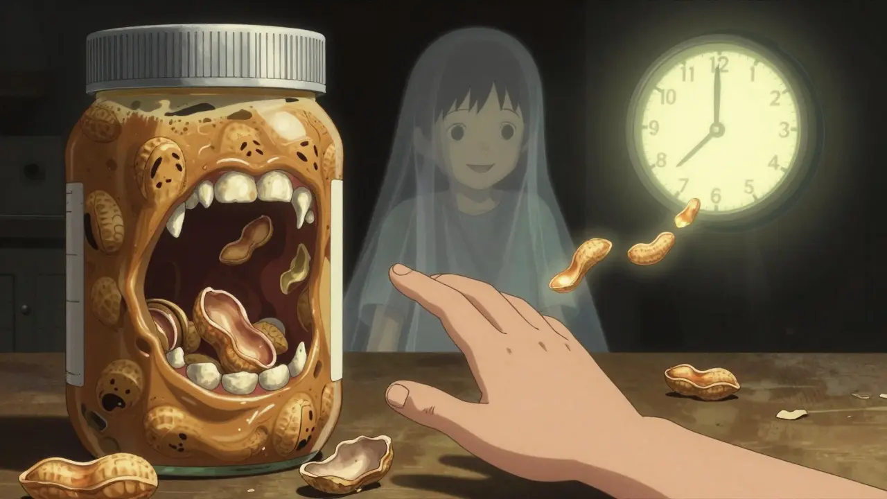 A child reaching for a peanut butter jar that transforms into a screaming mouth, while a ghostly older version of them smiles behind a backward-ticking clock.