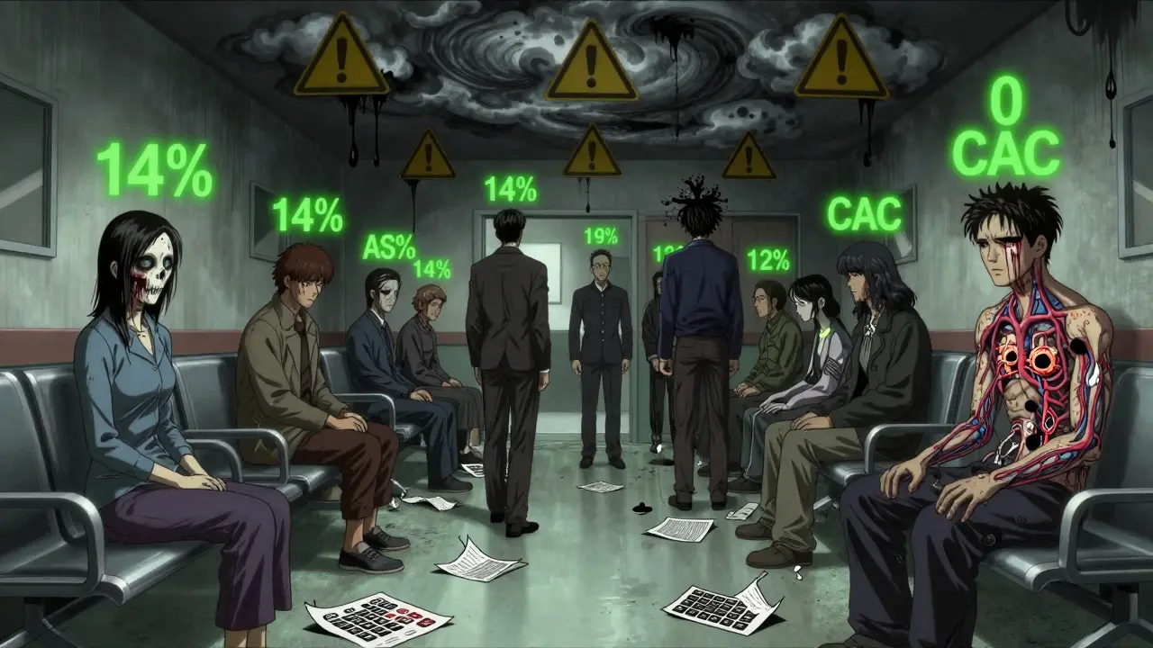 A clinic waiting room where patients' ASCVD scores float as cursed sigils, some bleeding, others pristine, under a ceiling of swirling horror.