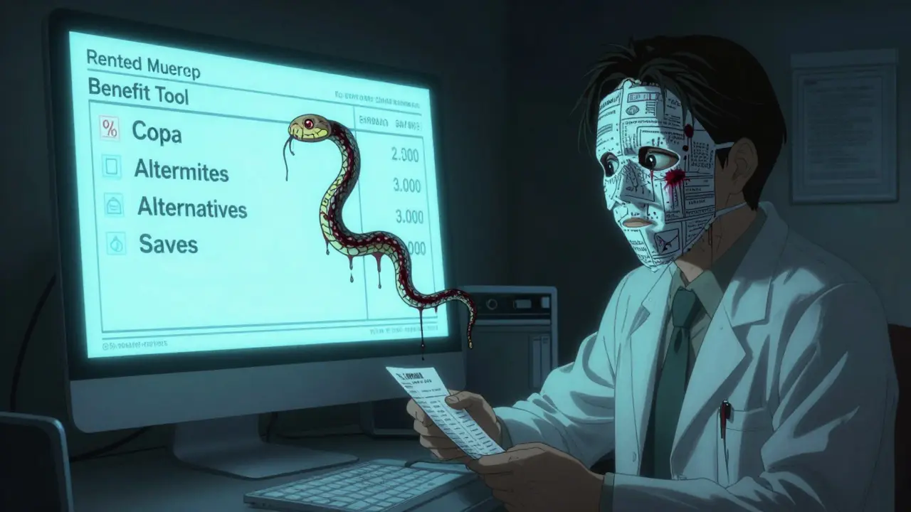 A doctor's office at night with a bleeding EHR screen displaying prescription costs, transforming into a serpent of insurance forms.