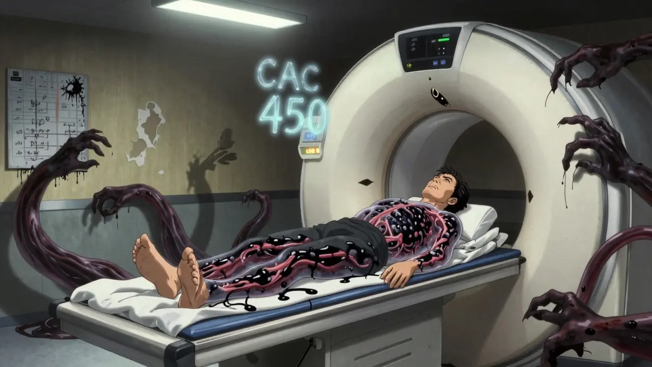 A man on a CT scanner reveals pulsing black plaque in his arteries, with floating numbers and ink-drenched medical charts surrounding him.