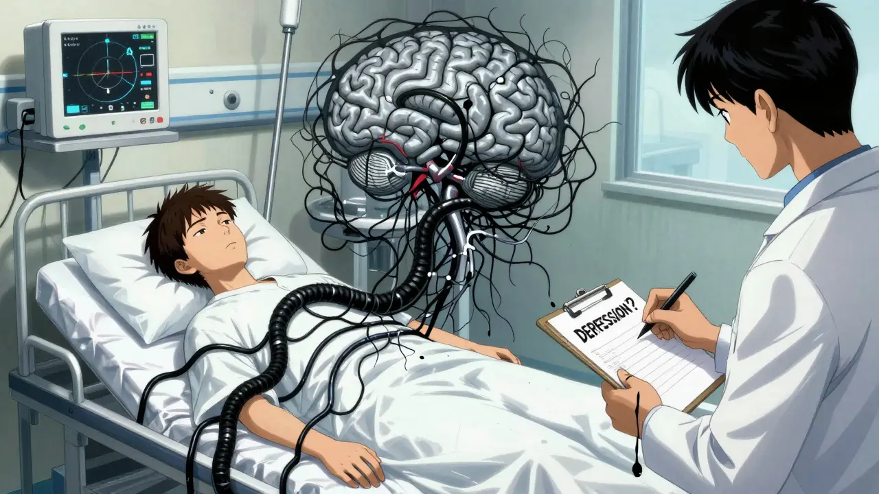 A patient's brain visualized with a dark GABA receptor constricting it in a sleep lab.
