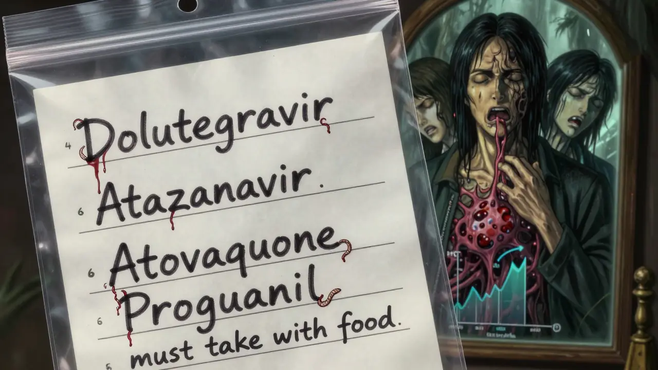 A pill schedule with bleeding ink and writhing worms emerging from warnings about dosing windows.