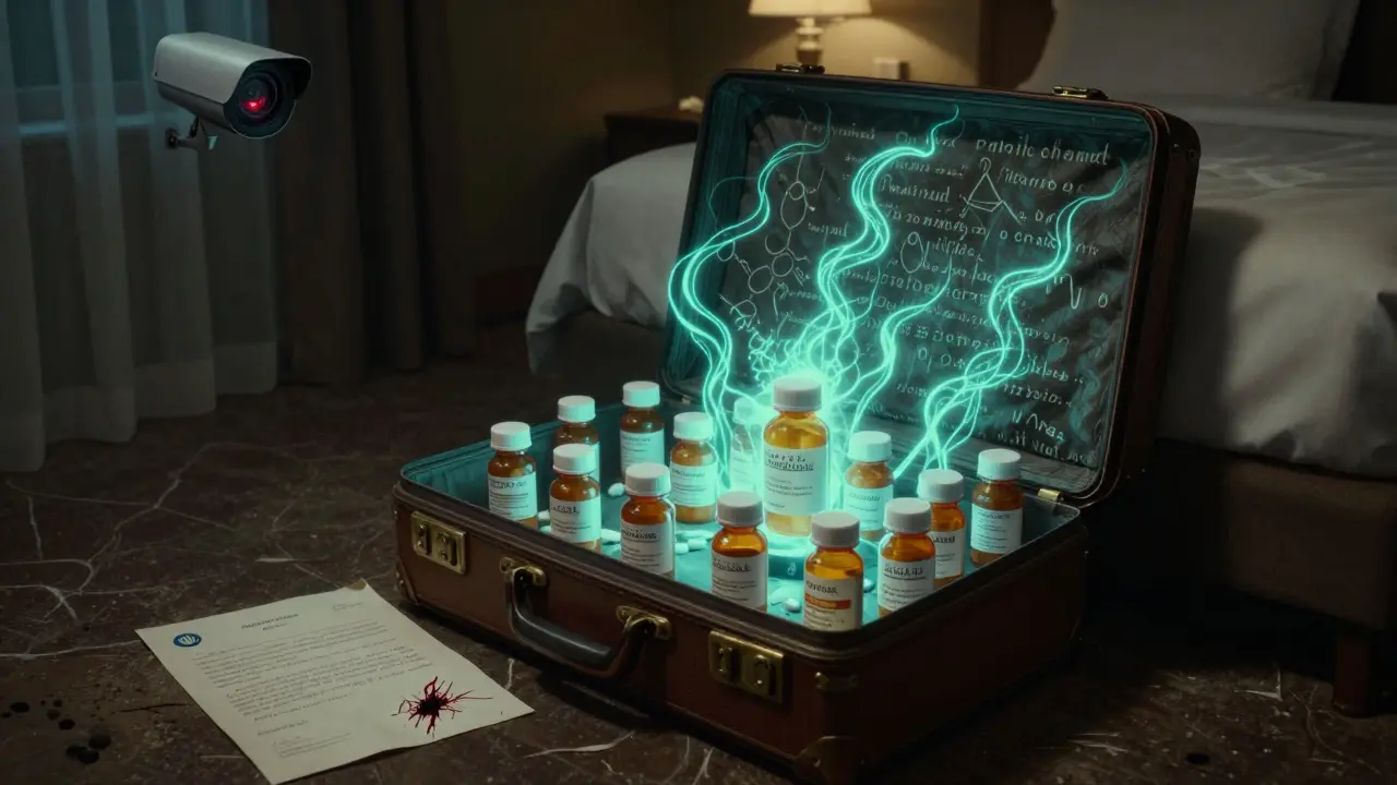 A suitcase filled with pill bottles whose labels writhe as cursed text, a bleeding doctor's letter on the floor, in Junji Ito style.