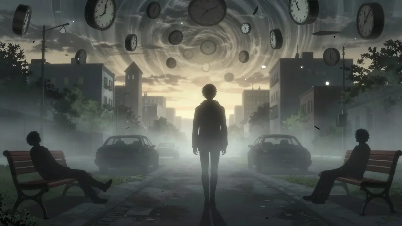 A translucent figure walks through fog as shadow doubles nap around them in a desolate city.