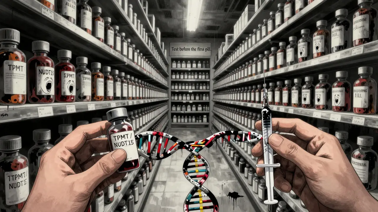 An endless pharmacy shelf with screaming pill bottles, connected by a DNA strand leading to a test vial and a syringe filled with black fluid.