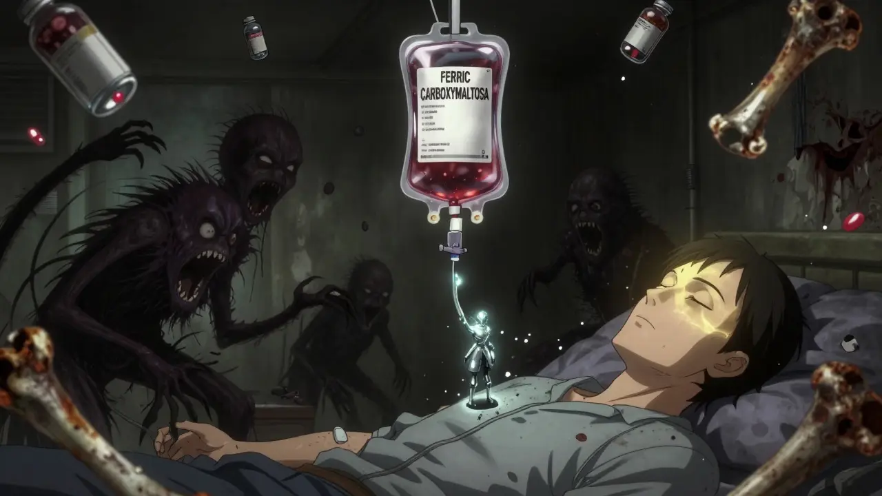 An IV drip transforms drops into iron knights as dopamine monsters crumble, patient glowing peacefully with rusted bones floating nearby.