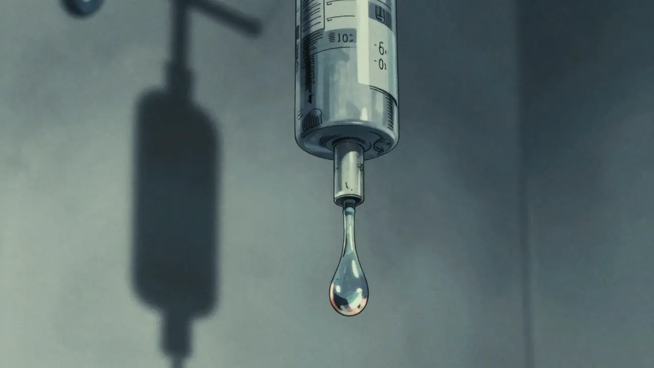 Close up of an IV drip droplet in a sterile hospital room setting.