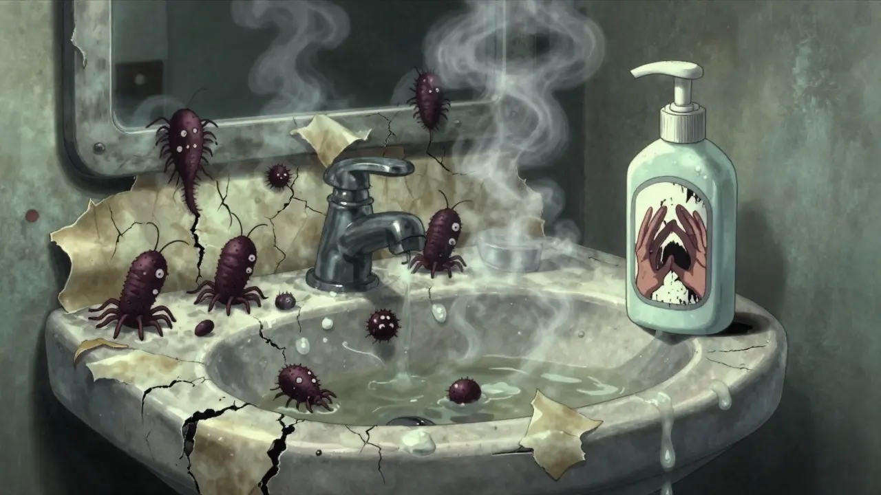 Cracked skin releases clawed bacteria from a sink, while a moisturizer bottle dissolves into screaming hands in eerie steam.