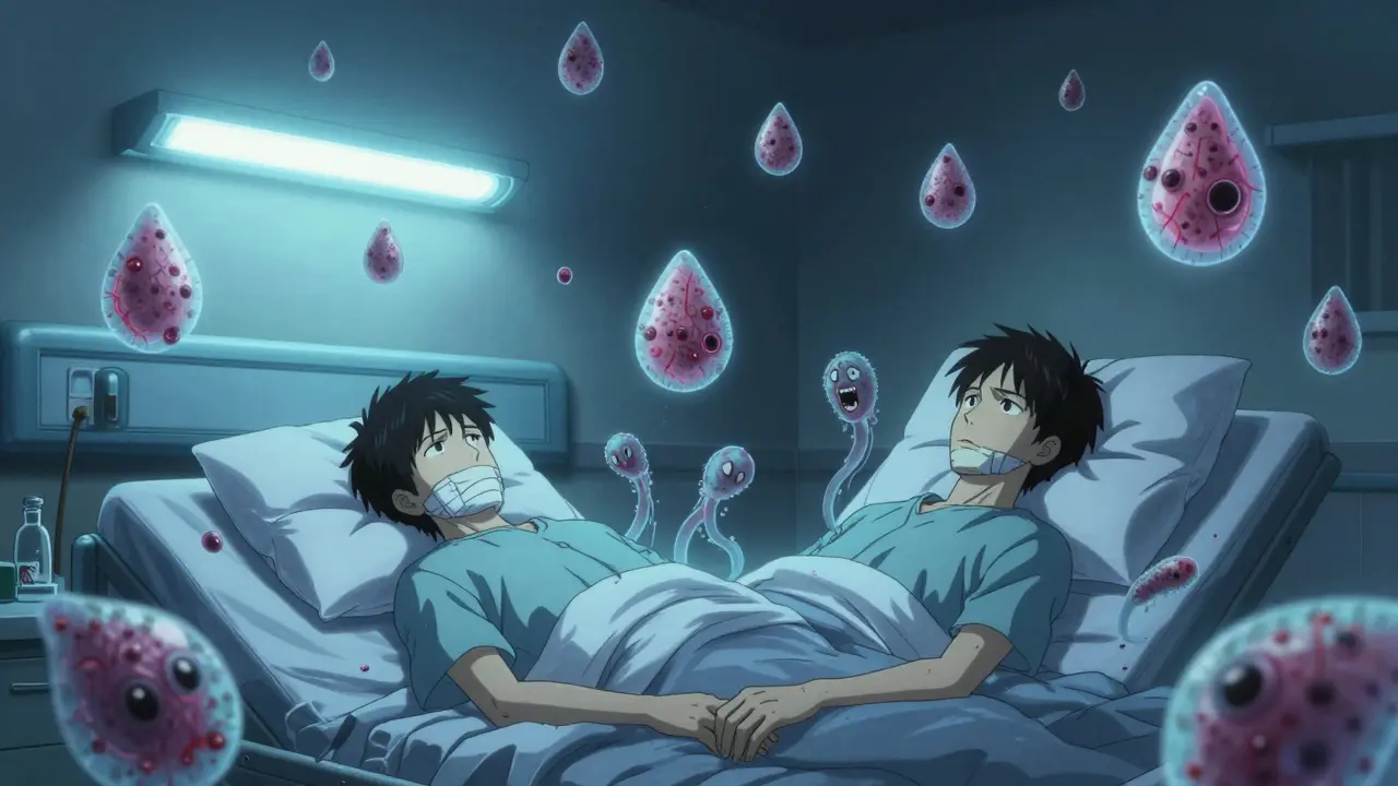 Floating psoriasis lesions drift like haunted jellyfish around a sick man, with ghostly strep bacteria coiling around him.