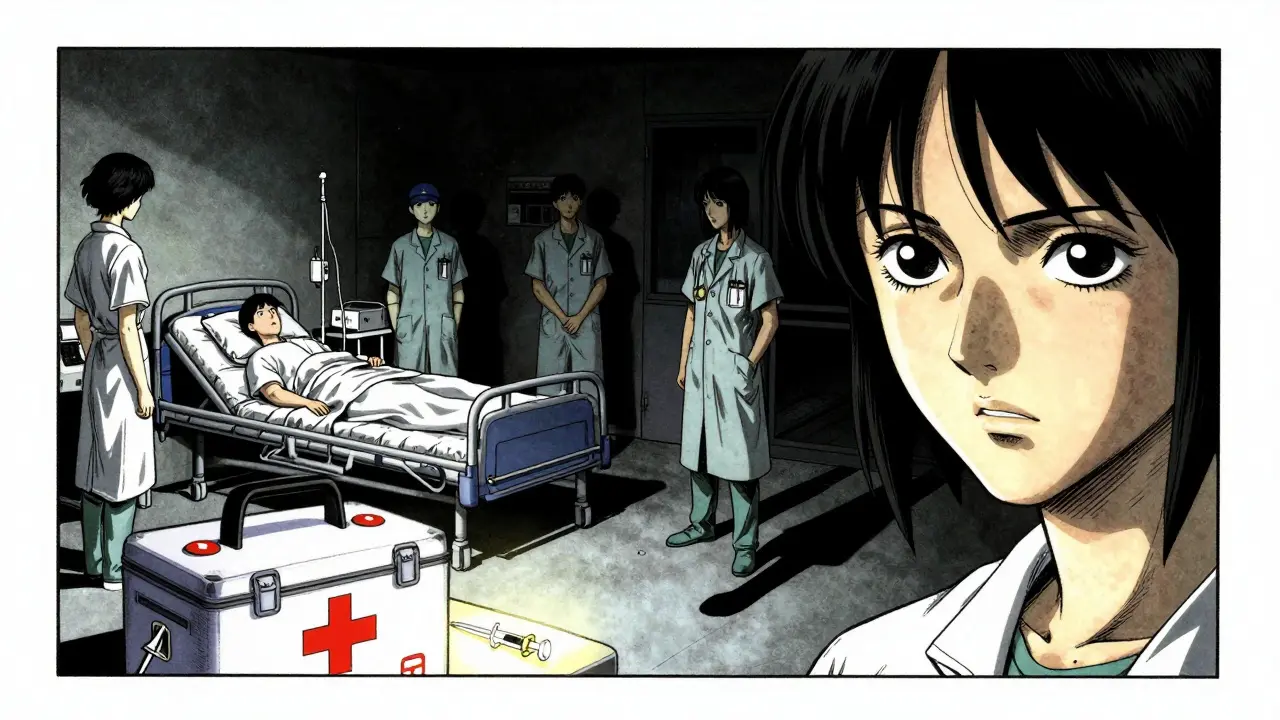 Medical staff standing guard near an emergency kit in a dim room.