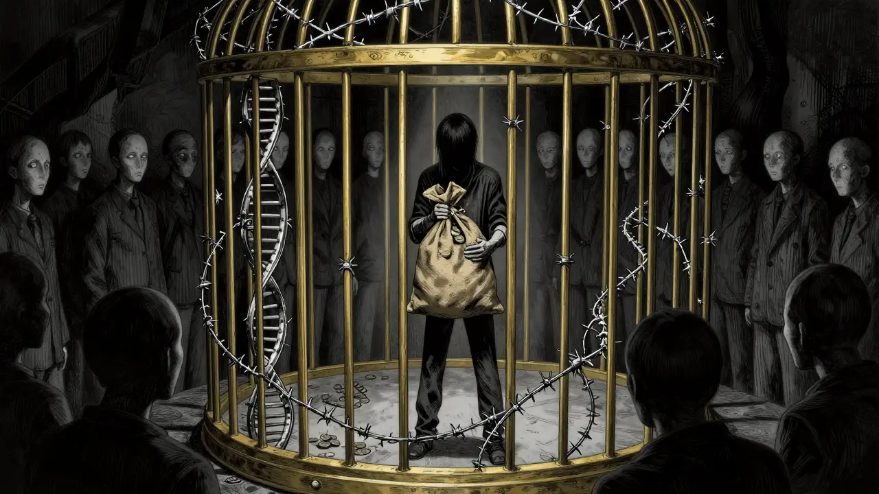 Person standing inside a cage held by dark figures waiting outside.