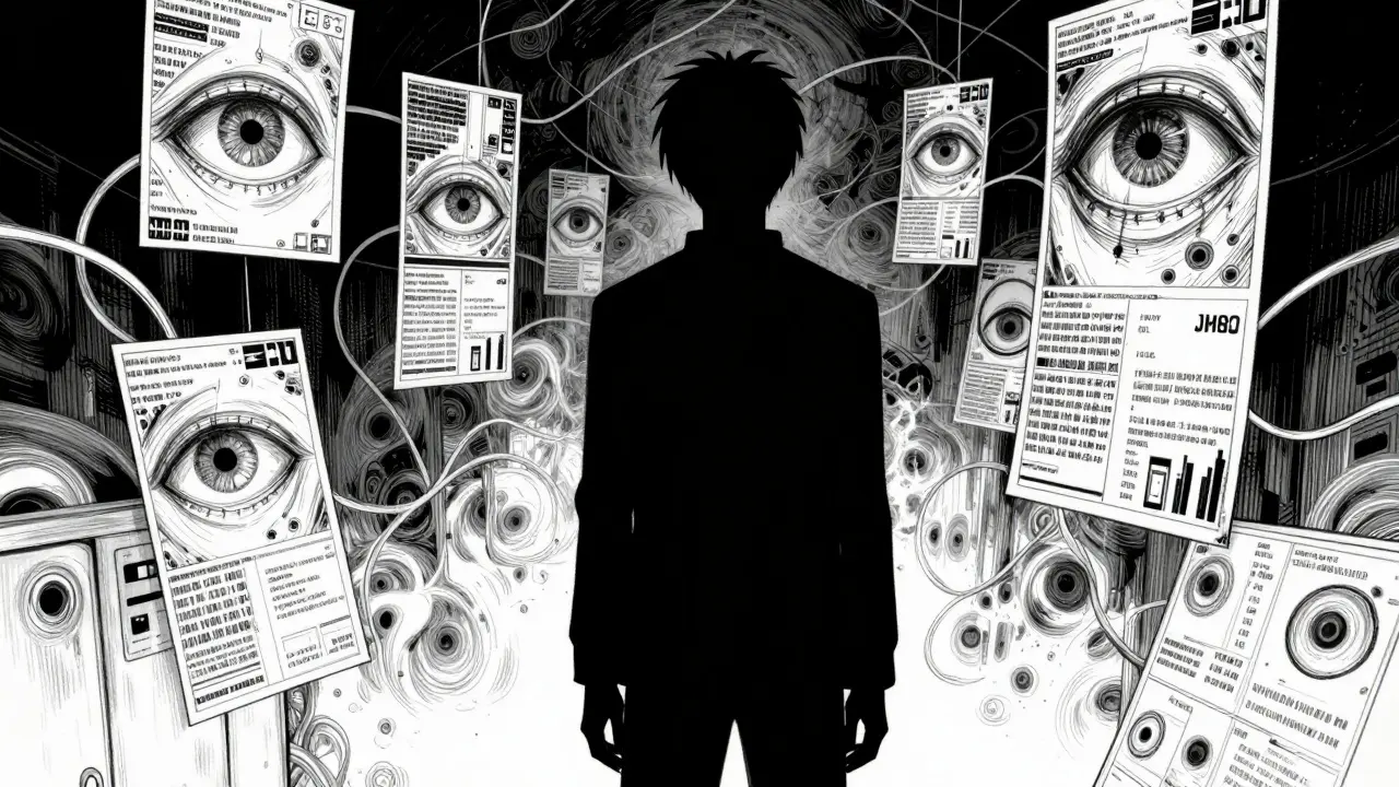 Person surrounded by abstract digital surveillance symbols in dark shadows