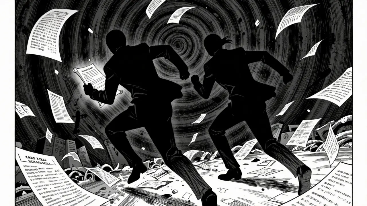 Silhouettes running across floating papers towards a glowing scroll document.