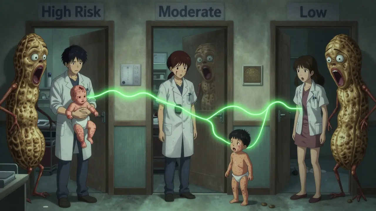 Three parents with babies of varying risk levels confronted by monstrous peanut creatures with human faces in a surreal clinic.