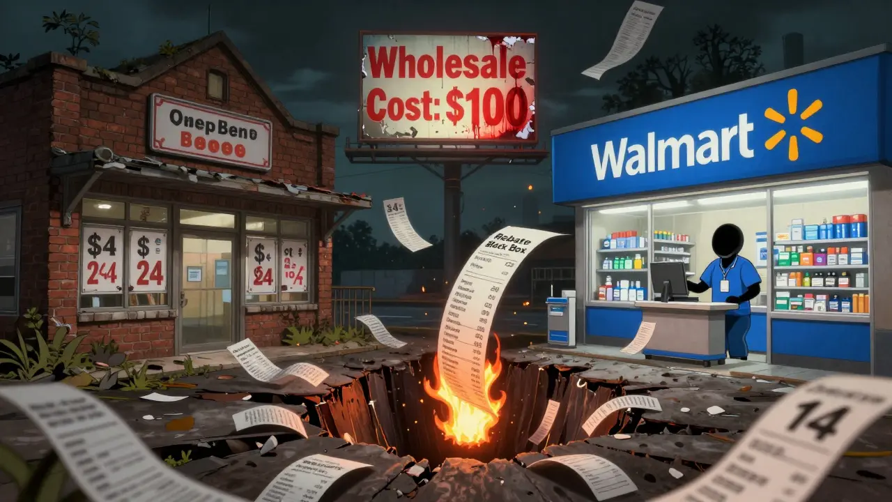 Two pharmacies with extreme price differences connected by a chasm of burning receipts leading into a 'Rebate Black Box'.