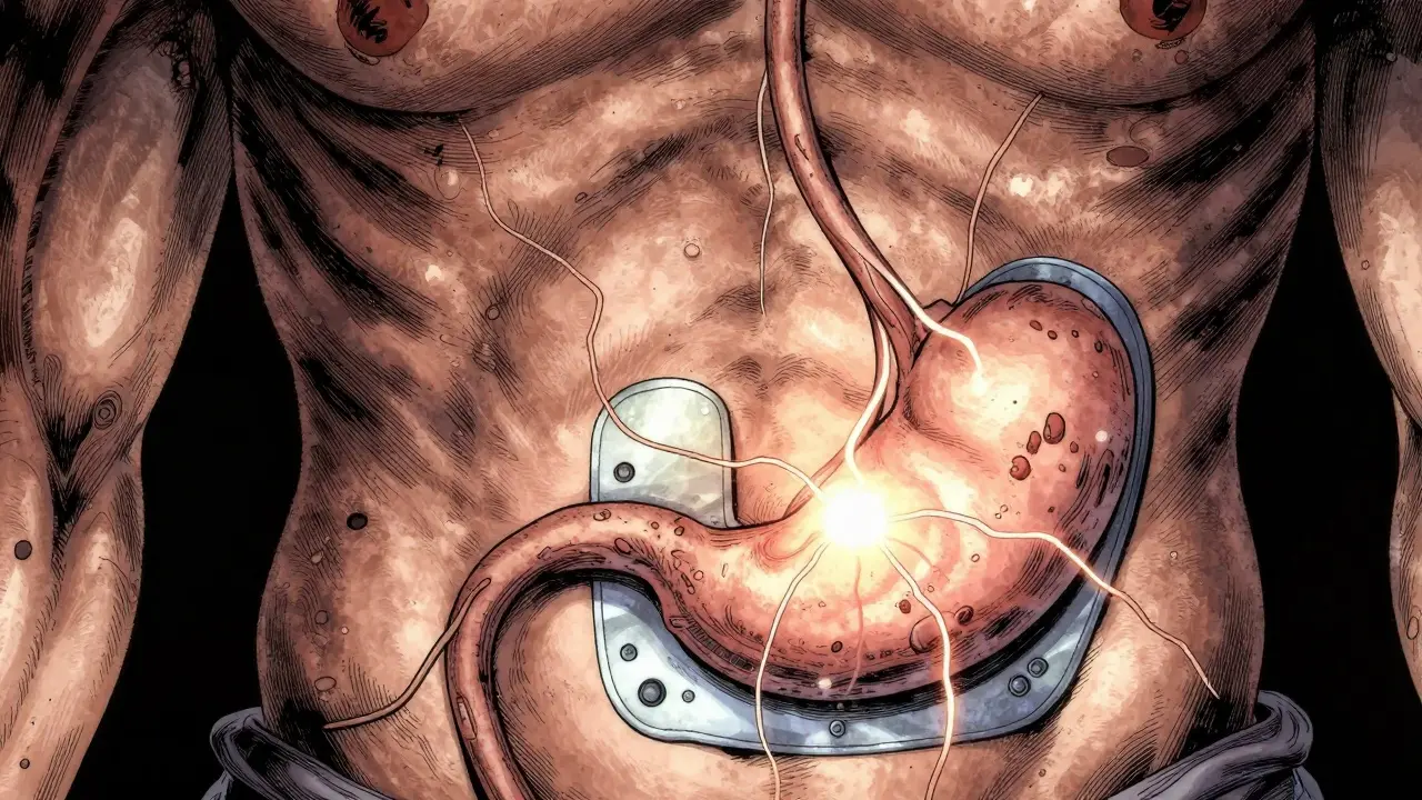 Wearable sensor patch on skin with energy lines connecting to stomach area