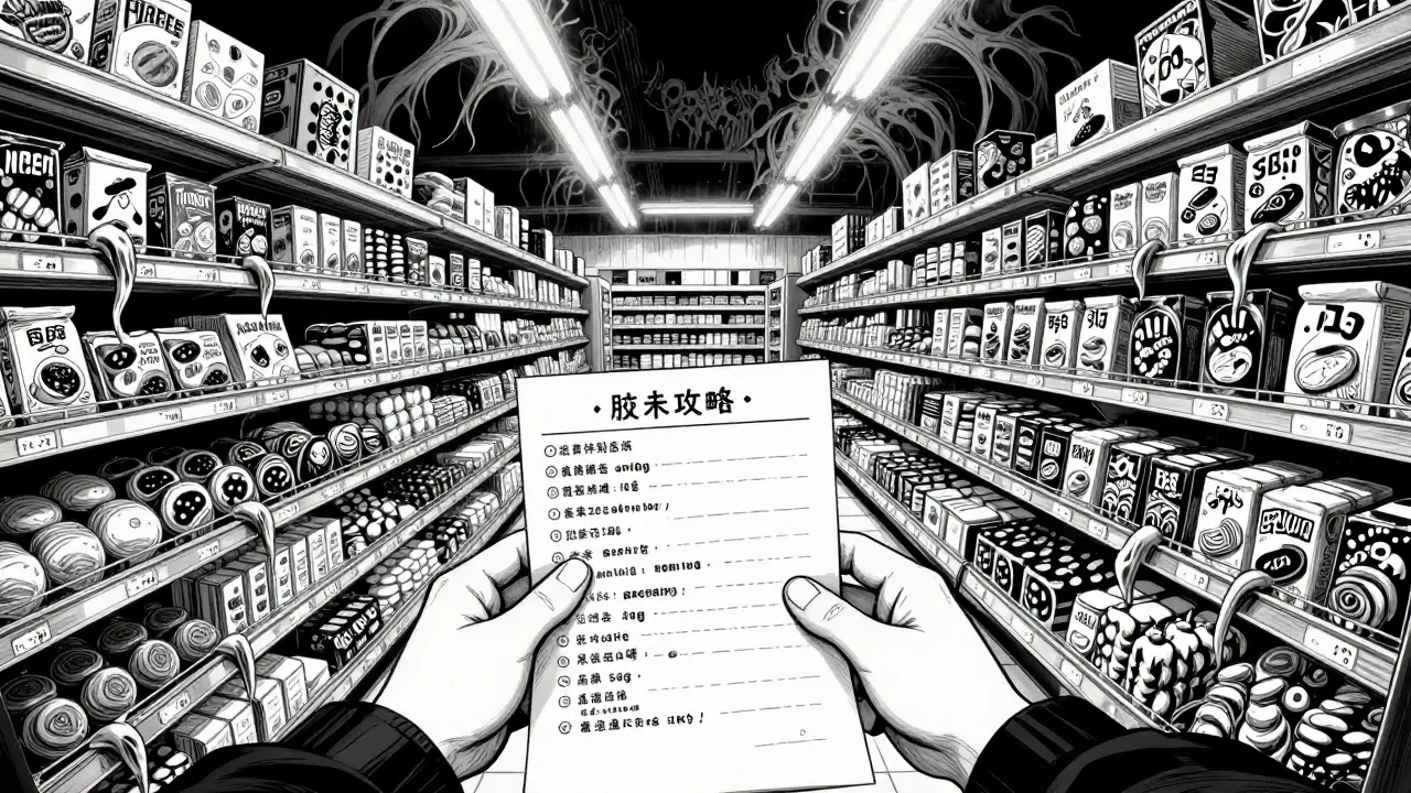 A person holding a shopping list in a distorted, infinite supermarket aisle in Junji Ito style.