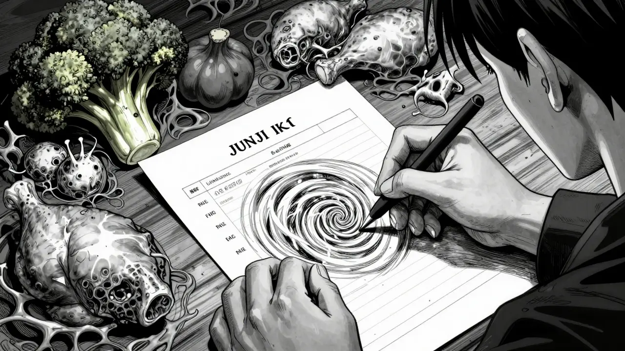An obsessive person filling out a meal plan template with warped, spiraling lines in manga style.