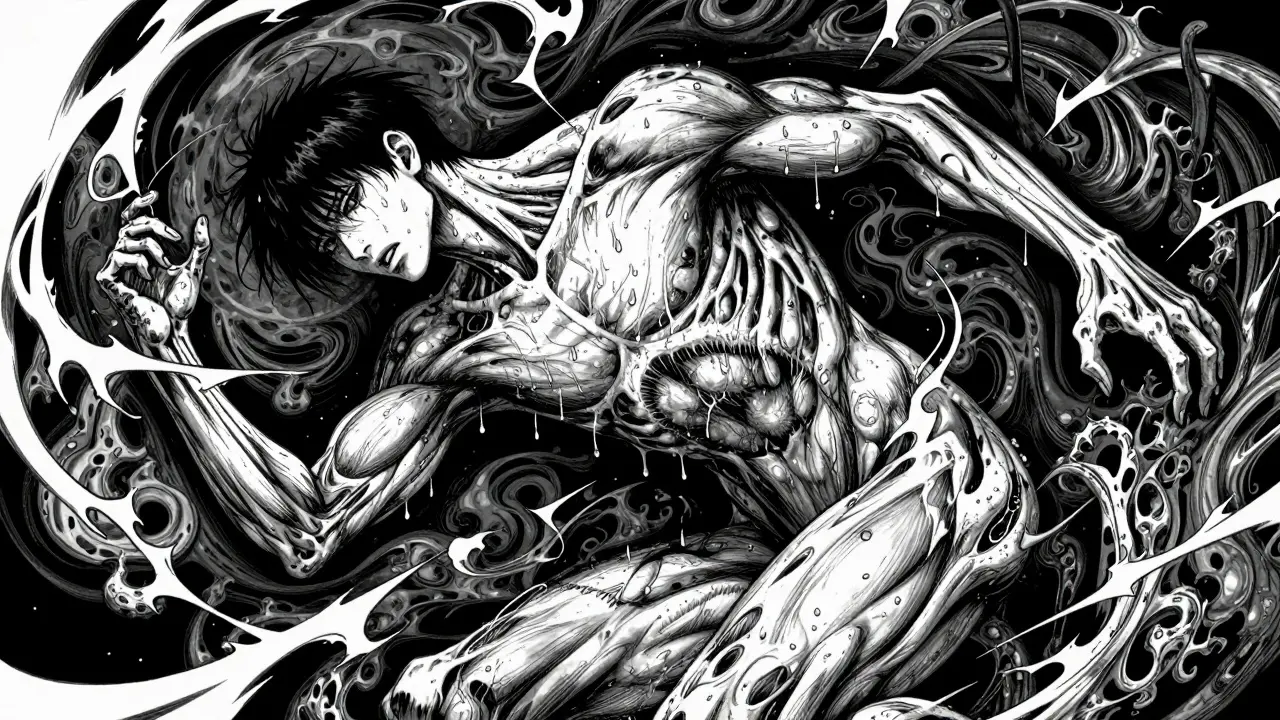 Contorted human figure experiencing a neurological crisis in black and white ink