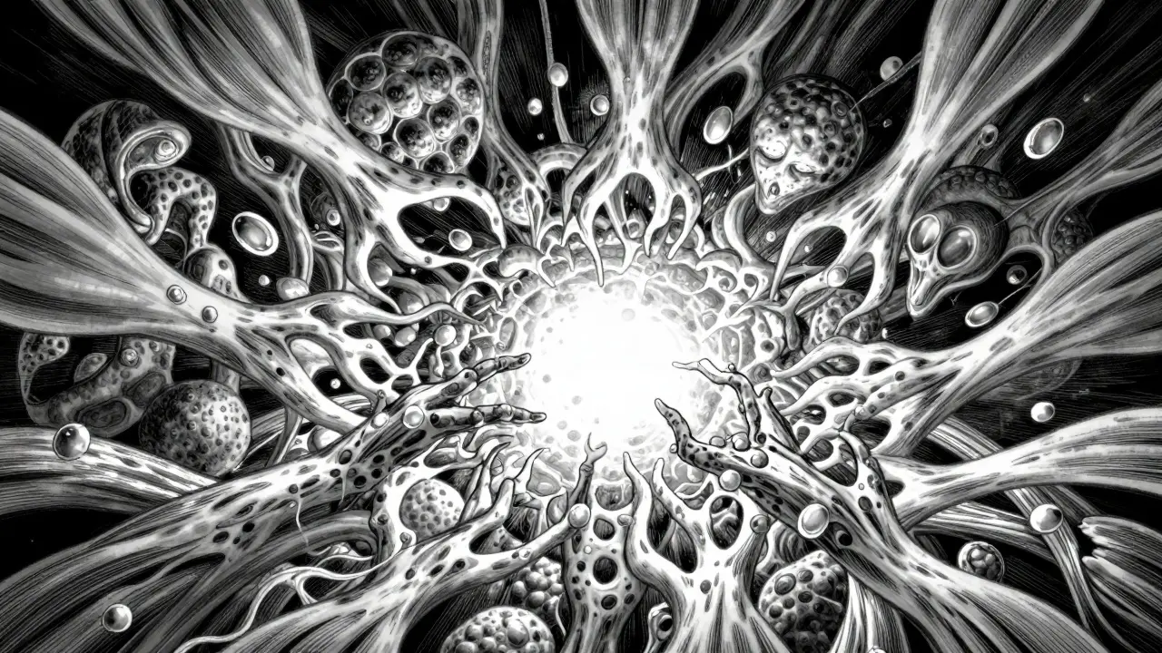 Detailed manga depiction of cellular struggle between muscle wasting and protein recovery.