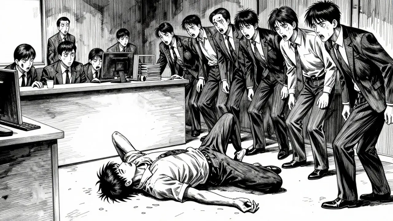 Distorted manga illustration of coworkers hesitating to help a collapsed colleague.
