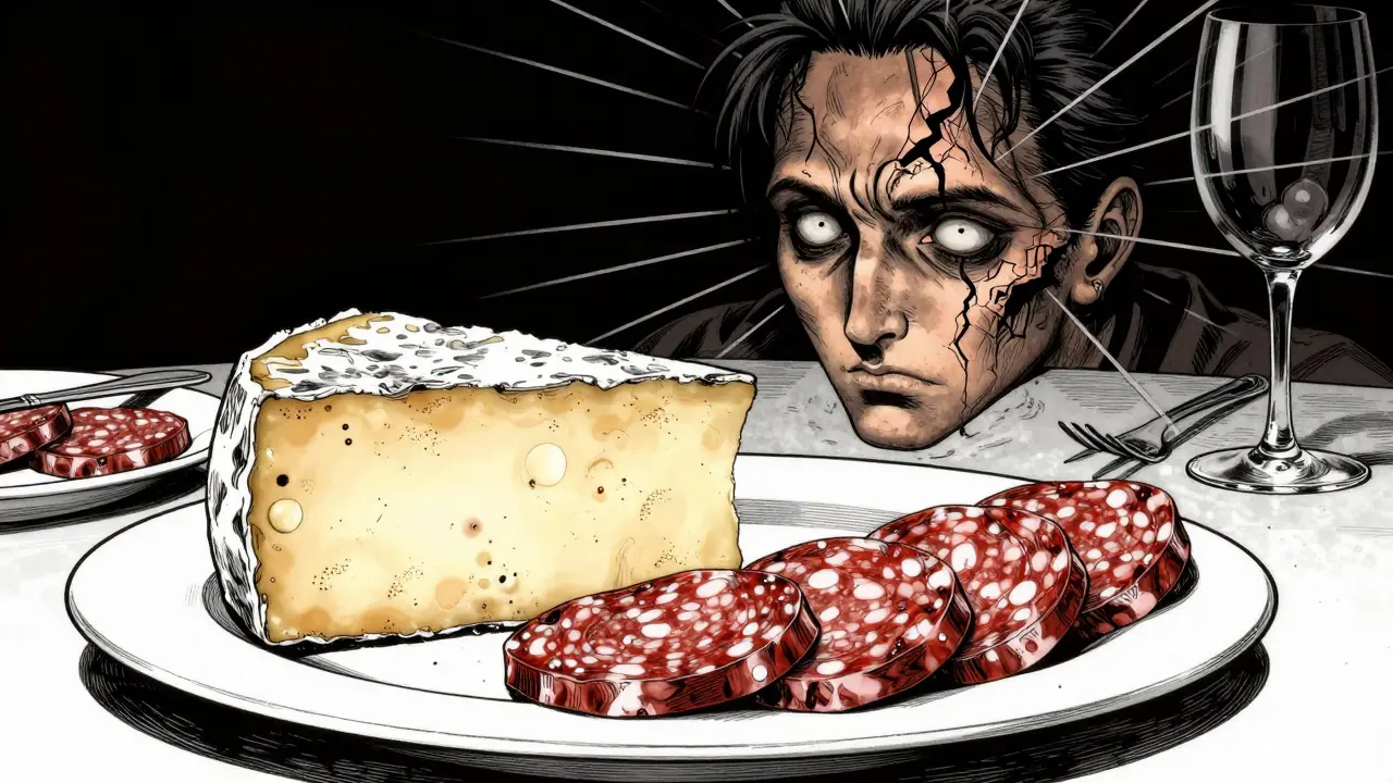 Grotesque aged cheese and meats causing a hypertensive crisis in manga style