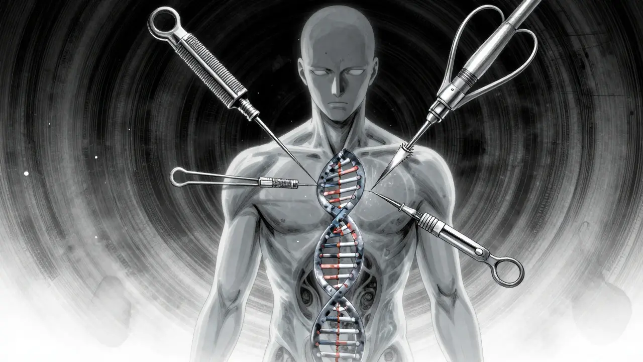 Horror manga style depiction of a human silhouette with DNA being edited by sharp needles.