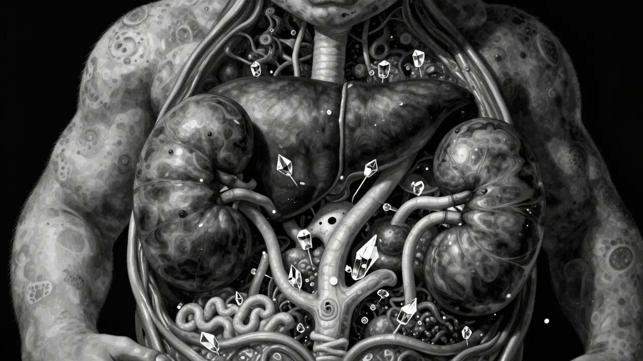 Junji Ito style illustration of melting internal organs being pierced by crystals