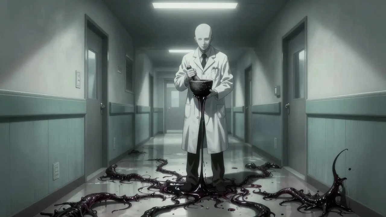Junji Ito style scene of a distorted pharmacist with ink-like fluid overflowing