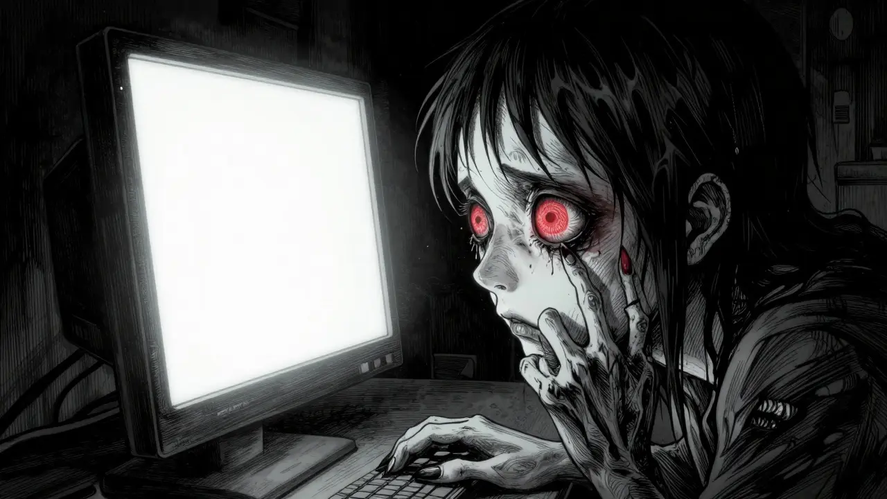 Person staring at a monitor with inflamed eyes in a dark horror manga setting