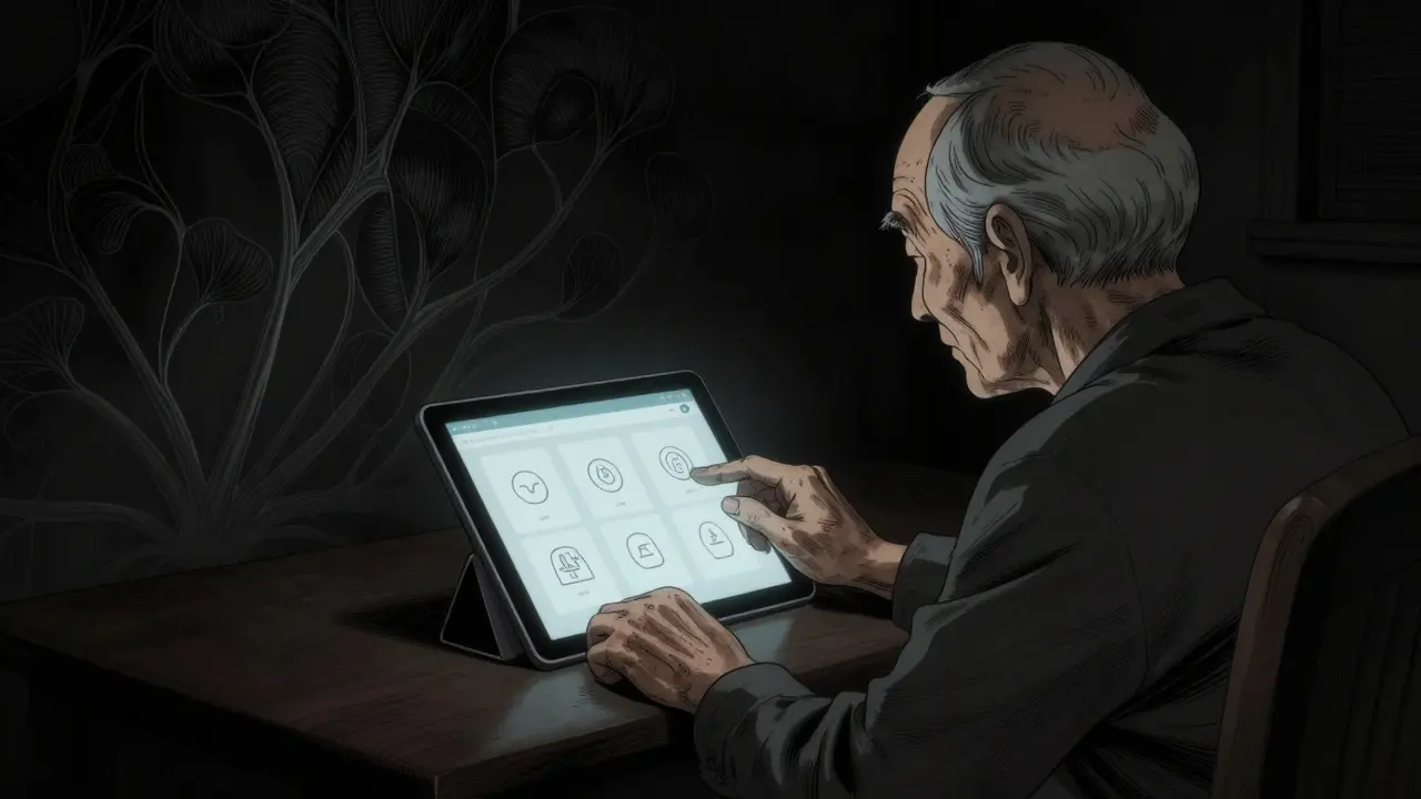 Senior using digital health tool with simple interface in dim room.