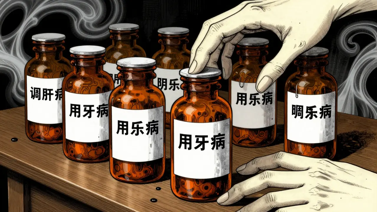 Surreal amber medicine bottles merging together with ghostly ink swirls in a dark anime style