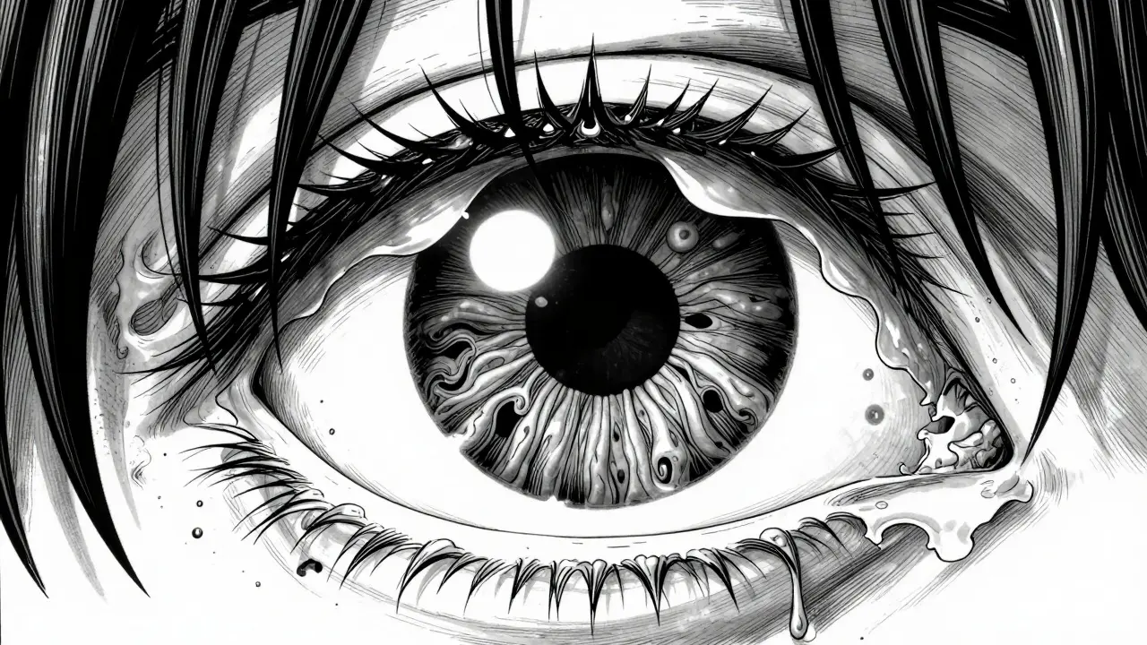 Surreal anatomical drawing of a malfunctioning eye and clogged glands