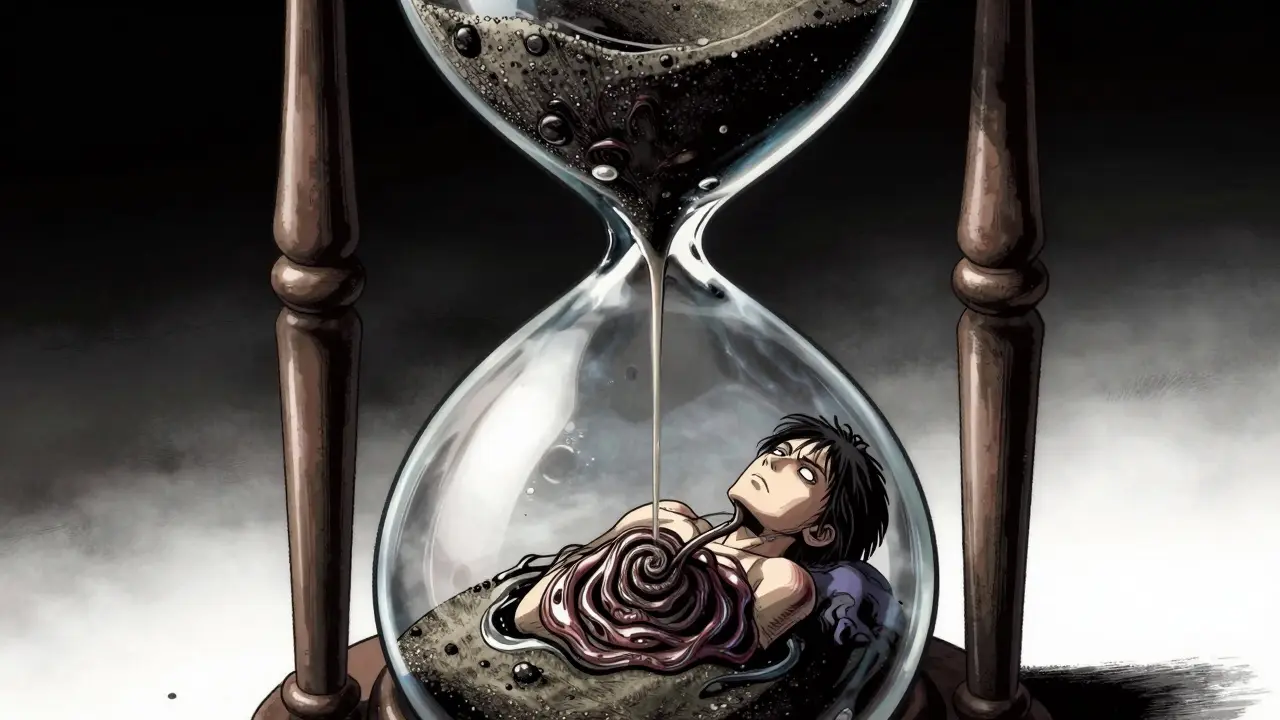 Surreal manga art of a person trapped in an hourglass representing delayed medical treatment.