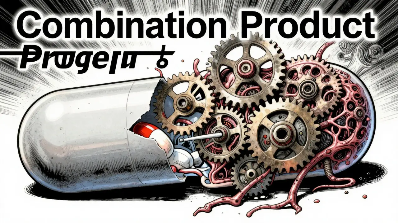Surreal manga art of a pill splitting open to reveal a chaotic machine of gears and veins.