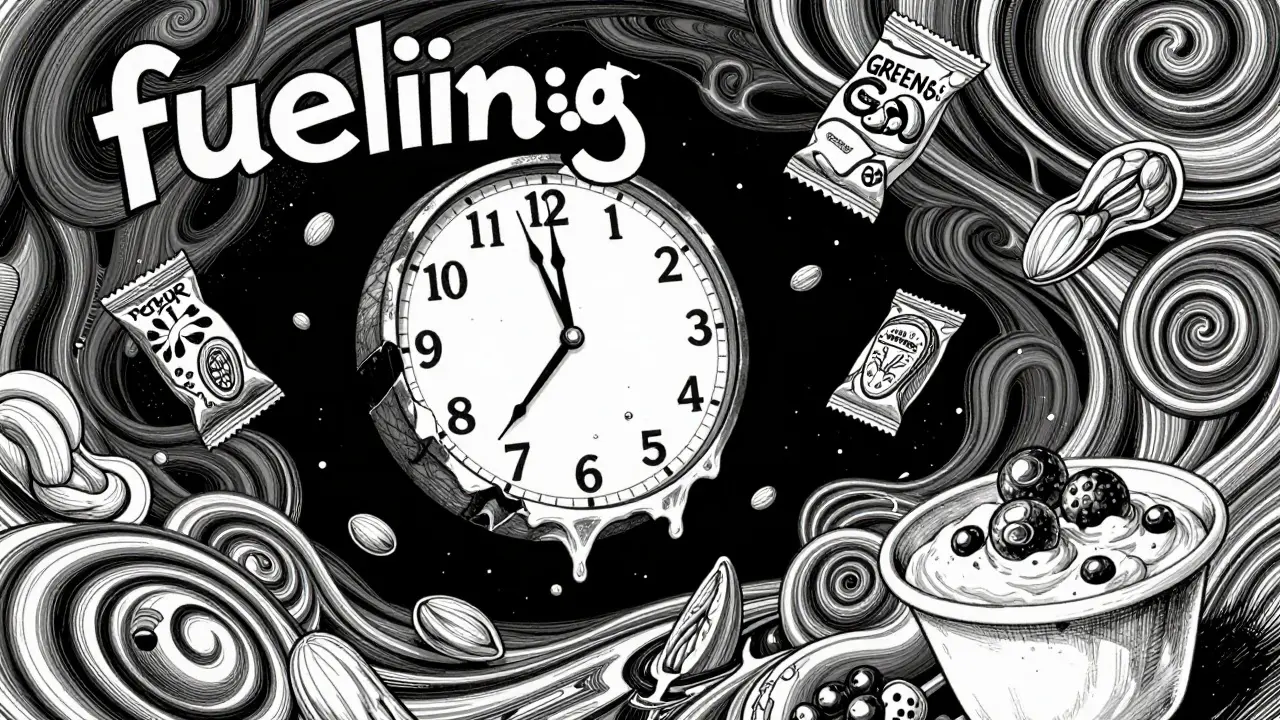 Surreal manga illustration of a melting clock surrounded by small, nutrient-dense snacks.