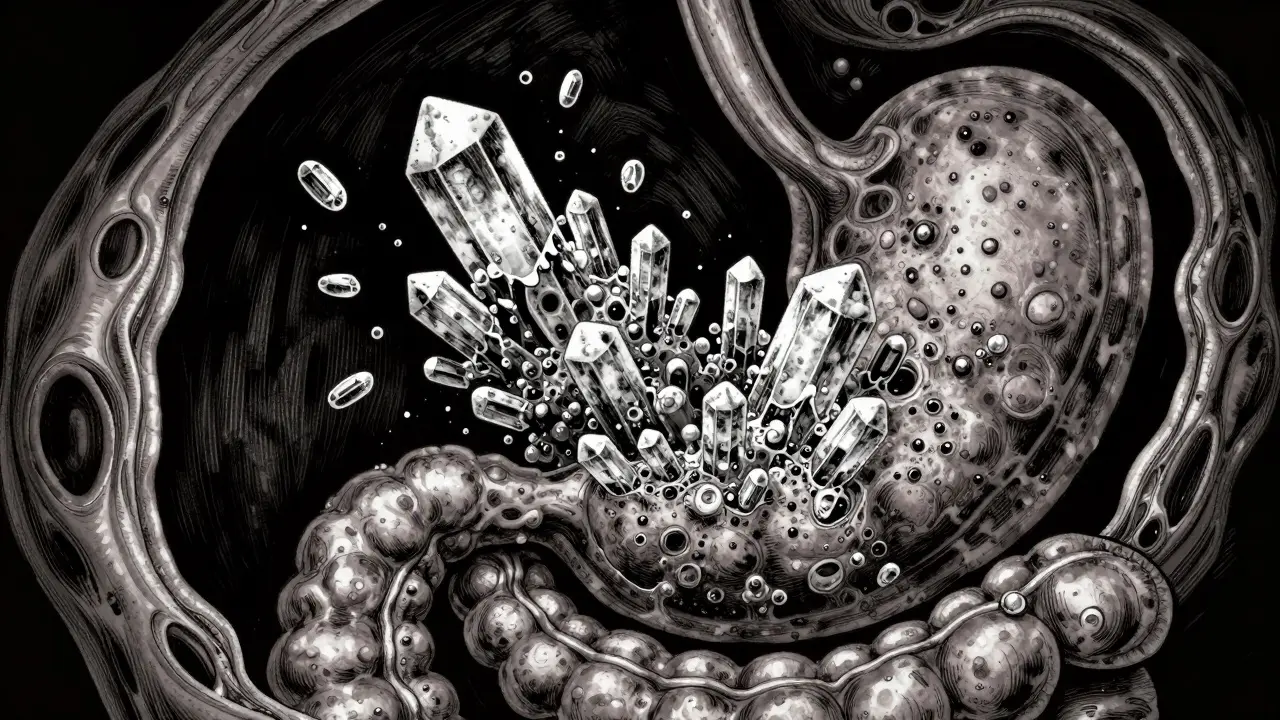 Surreal manga illustration of mineral clumps forming inside a human stomach